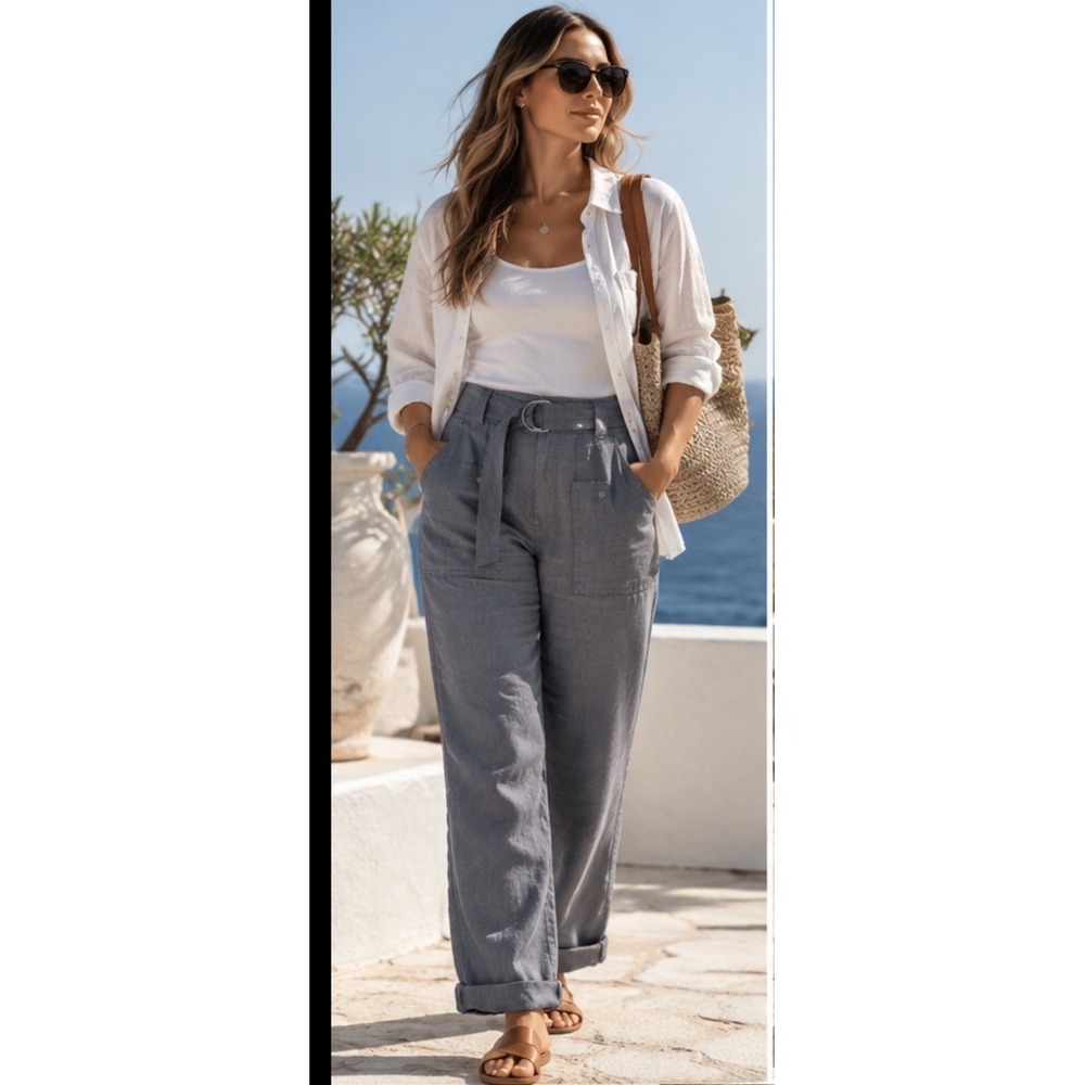 Tahari 100% European Linen Pants Sz M Gray Belted Utility Cargo Straight Coastal